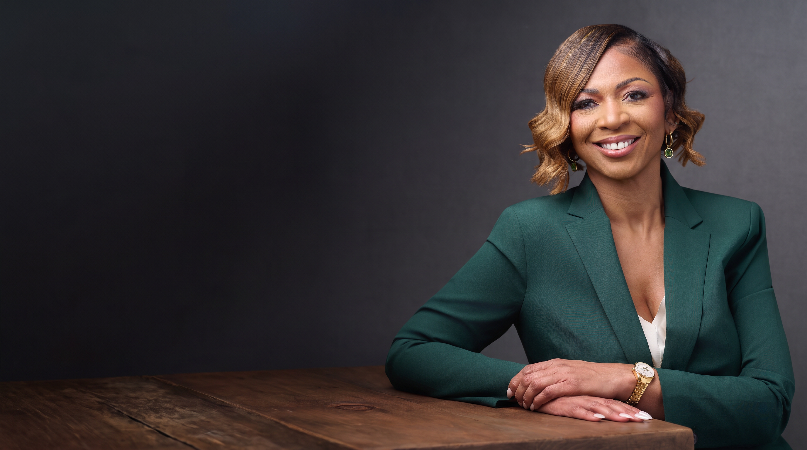 Heather Lynn, founder of Sovereign Advisory Co., seated at a wooden table in a deep green blazer against a soft gray studio backdrop